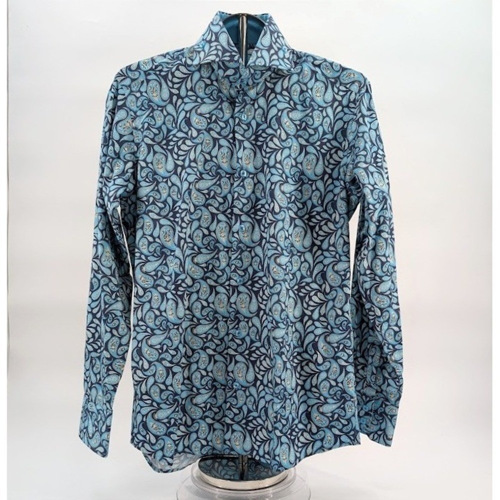 AXXESS Blue Dress Shirt Mens Small Paisley High Collar 100% Cotton Modern Fit